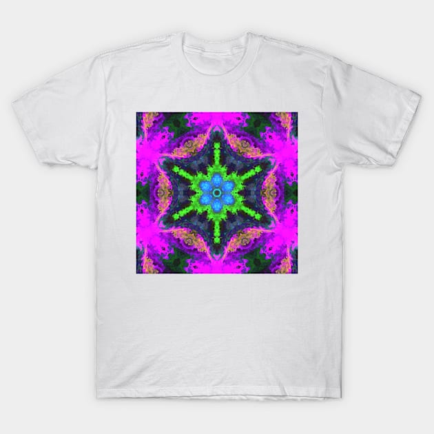 Psychedelic Hippie Flower Blue Green and Purple T-Shirt by WormholeOrbital